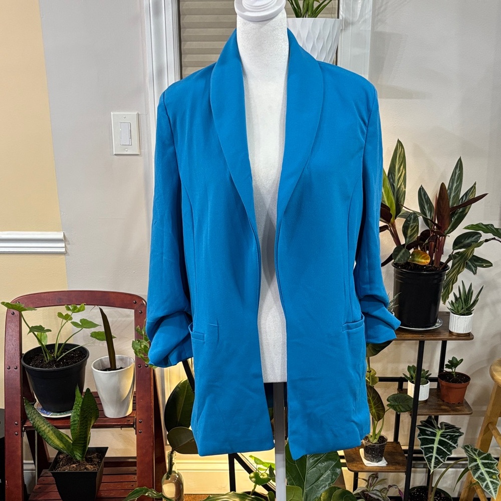 Dakota blue crepe open front blazer